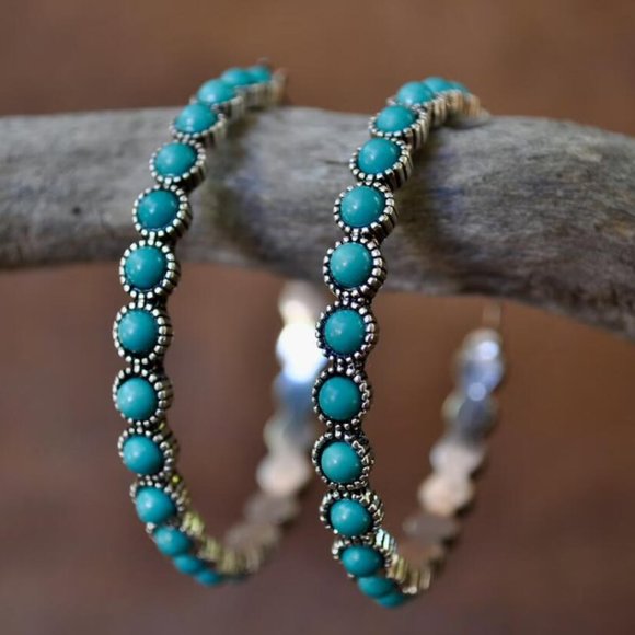 Turquoise Western Studded Silver Hoop Earrings - Picture 7 of 7